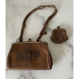 Small Antique Leather Monogramed Purse & Coin Purse Corded Handle